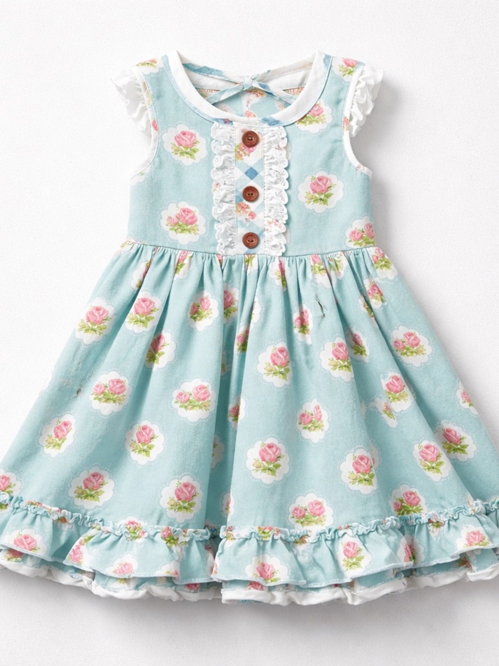 Swoon Baby blue with pink rose print ruffle hem twirl dress size 5